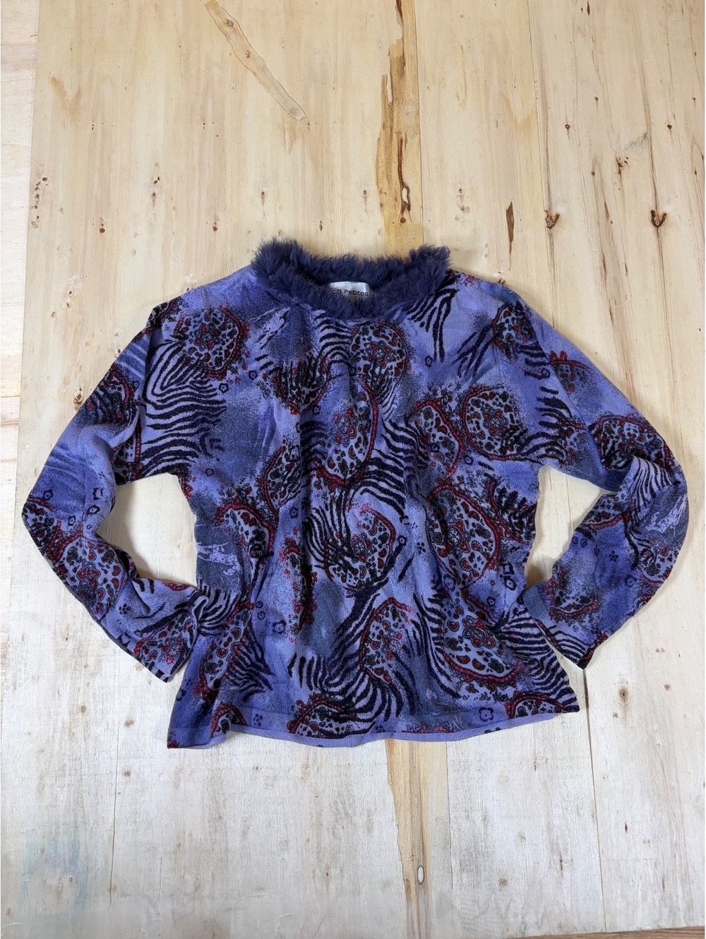 Vintage C.D. Petites Purple Patterned Long Sleeve Top with Fuzzy Collar - Size L